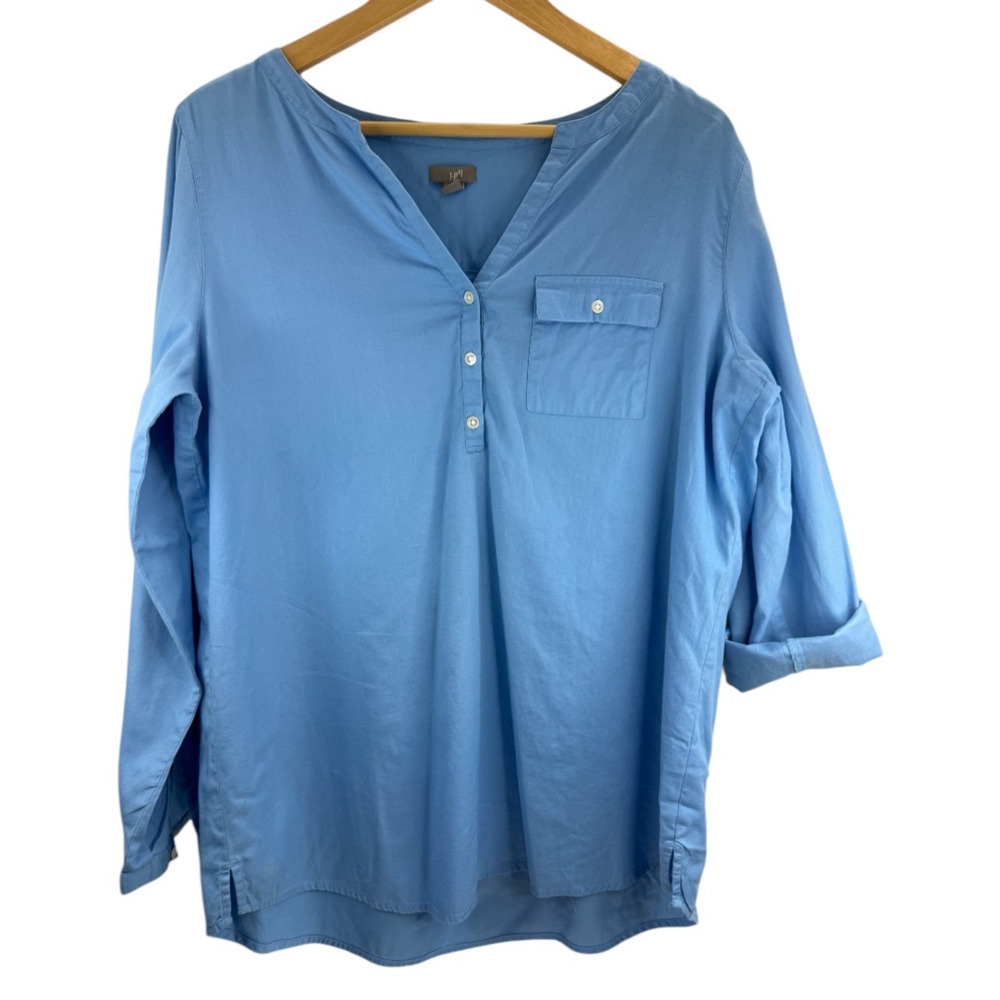 J Jill Blue Cotton‎ Long Roll Up Sleeve V Neck Top Sz M Beachy Comfy Lagenlook